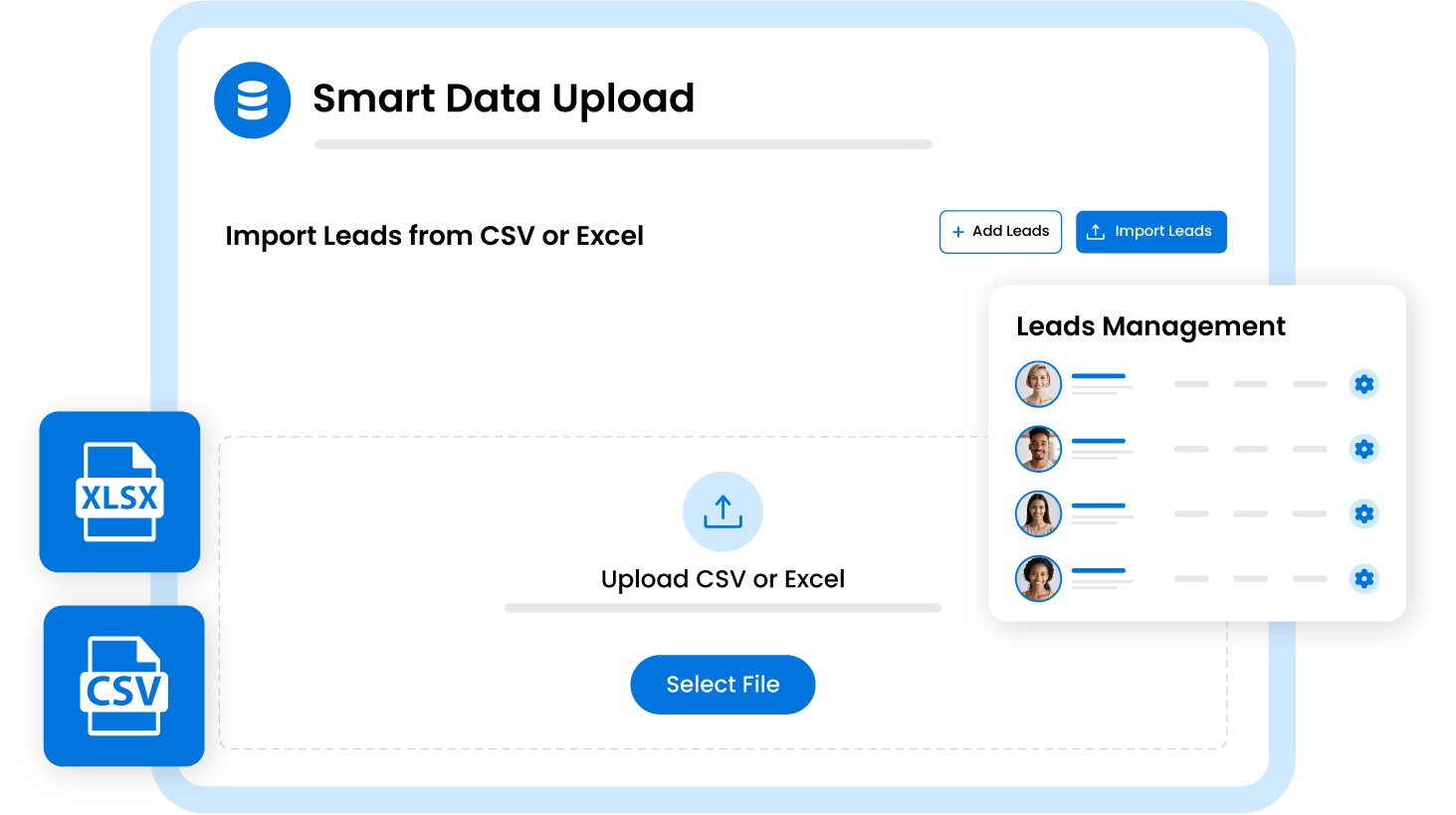 JOTIQ smart data upload interface for recruiters showing AI-powered document extraction, contact parsing, and recruitment data management tools